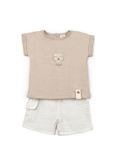 Bebek Kısa Kollu Tişört Ve Pantolon Takımı, %100 Pamuk, Bebek Ve Yenidoğan Serisi - Csym7103 Vizon