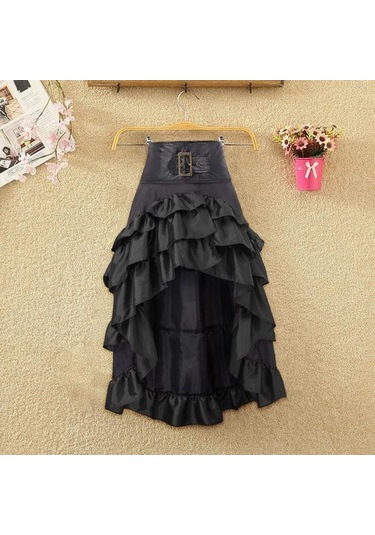 Kadın Etek Yüksek Bel Düzensiz Fırfır Patchwork Renk Eşleştirme Retro Dağınık Ortaçağ Kraliyet Tarzı Bayan Maxi Etek Performans Kostüm Siyah