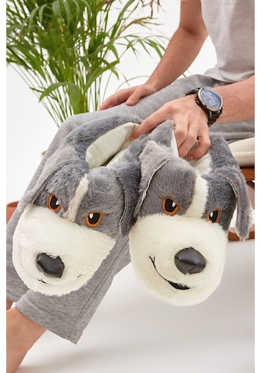 Gri Hayvanlı Sessiz Taban Panduf Sevimli Köpek Figürlü Peluş Ev Ayakkabısı Gri