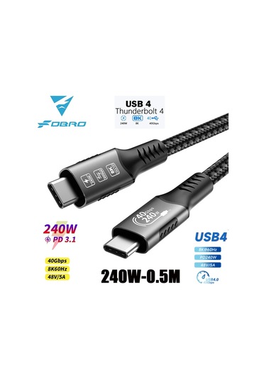 Anatoliadelight8k Usb4 Type C Kablo 40gbps 240w Pd3.1 Qc4.0 Thunderbolt 4 Hızlı Şarj Ve Veri Aktarım Kablosugökyüzü Mavi 1 Metre