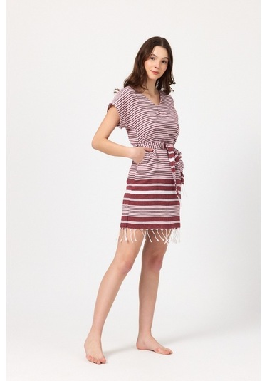 Mulberry Katya Plaj Elbisesi Tunik Pareo %100 Pamuk Bordo