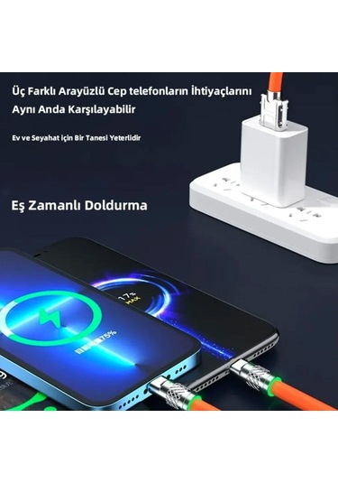 3 İn 1 Type-c + Micro Usb + Lightning Hızlı Şarj Kablosu Silikon Kablo 1 Metre Opp Ambalaj 4434