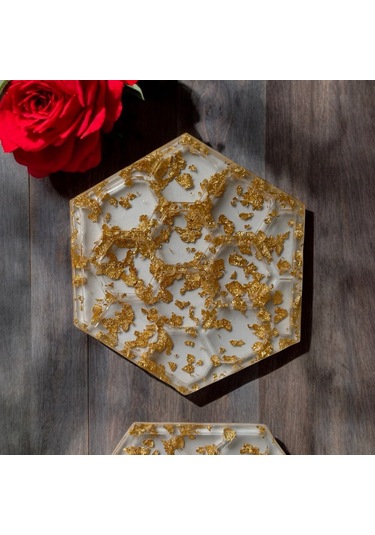 Epoksi Reçine Bardak Altlığı - 4'lü Takım - Altın Varaklı Altın