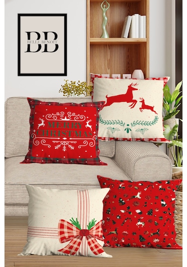 Belle Benoit Yılbaşı Baskılı Dikdörtgen 6'lı Koltuk Kırlent Kılıfı Kırmızı - Beyaz