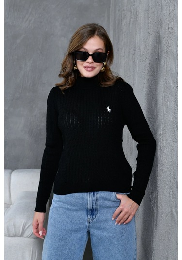 Kadın Dik Yaka Saç Örgü Nakış Detaylı Triko Kazak Siyah