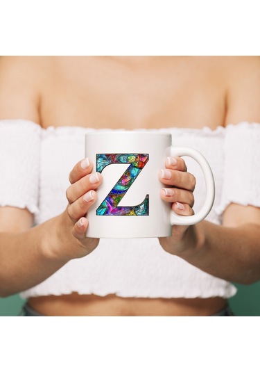 Z Harfi Bardak 330 Ml İsme/harfe Özel Hediye, Renkli Harf Tasarım Beyaz