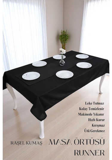 Smooth Set Masa Örtüsü Ve Runner Seti Sofra Bezi Çeyiz Seti Masa Örtüsü Ve Runner Siyah