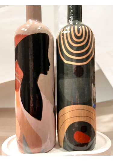 El Yapımı Dekoratif Minimalist Afro Kadın Ve Geometrik Desenli Yağdanlık Seti, Sosluk, Sirkelik, Mut Füme