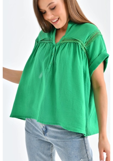 Dantel Detay Kısa Dokuma Bluz Yeşil