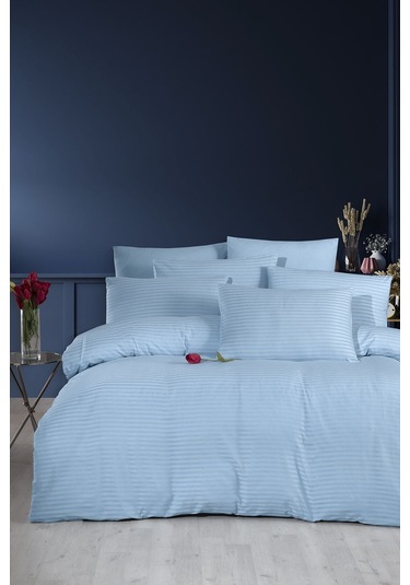 Lastikli Çarşaflı Tek Kişilik Nevresim Takımı Saten Mavi Mavi