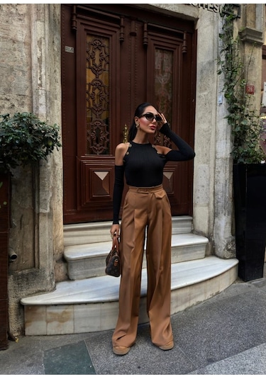 Hazego Üç Düğme Detayli Palazzo Pantolon Kahve