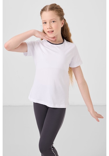 Beyaz-antrasit Pamuklu O Yaka Standart Fit Basic İspanyol Paça Kız Çocuk Tayt Takım - 75192 Beyaz