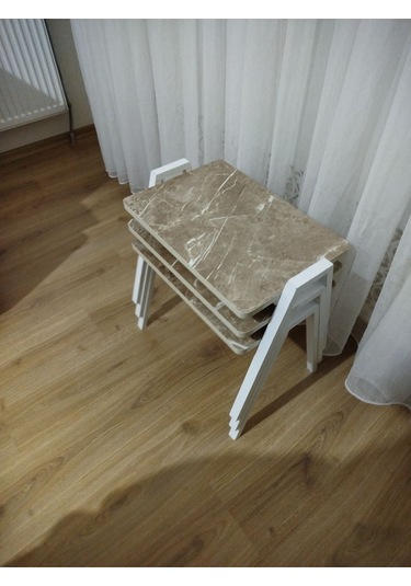 Zigon Sehpa 3'lü Mermer Desenli Tepsi Model Açık Mermer Desen Beyaz Ayak Mermer Desenli