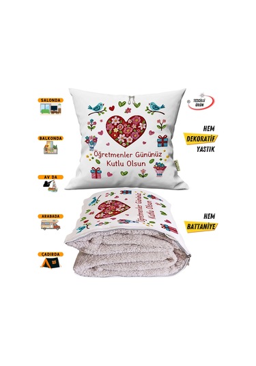 Öğretmenler Günü Hediyesi Nakış Baskılı Tv Battaniyesi Olabilen Dekoratif Yastık Kırlent Battaniye Çok Renkli