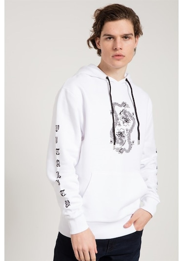 Jahr Marc Dragon Baskılı Beyaz Oversize Erkek Sweatshirt Beyaz