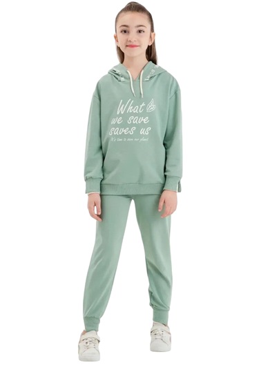 Kız Çocuk What Yazılı Kapüşonlu Mint Yeşili Eşofman Takımı Mint Yeşili