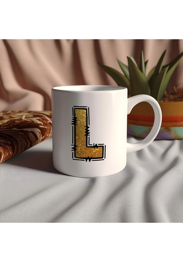 L Harfi Gold Simli Kupa Işıltılı Alfabe Harf Tasarımlı Kahve Kupası - Kişiye Özel Hediye Beyaz