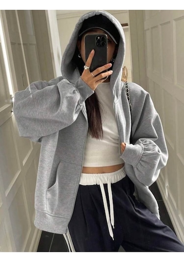 Harmandar Baskısız Kadın Gri Cepli Kapüşonlu Fermuarlı Sweatshirt Hırka Grihirka