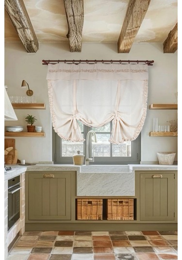 Naturel Potlu Perde Bohem Büzgü Bantlı Krem