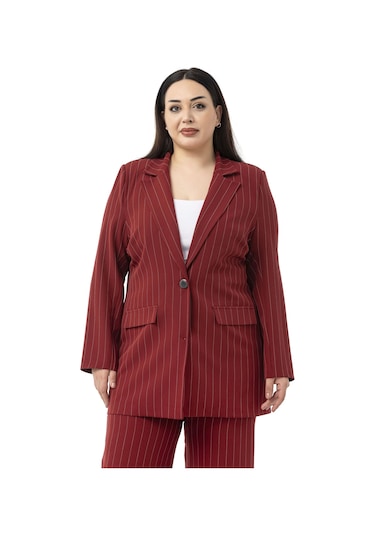 Büyük Beden Çizgili Bordo Ceket Pantolon İkili Takım Bordo