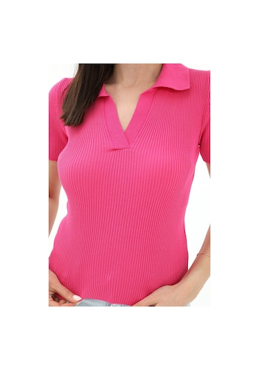 Polo Yakalı Kısa Kol Triko Kazak - Fuşya - Kadın Fuşya