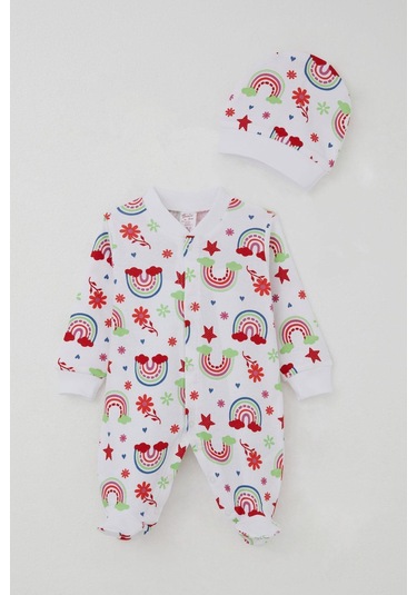 Breeze Kız Bebek Patikli Tulum Gökkuşağı Masalı Çiçek Desenli 0-6 Ay, Beyaz Beyaz