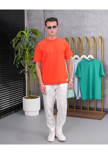 Modefendi Pamuk Likra Yırtmaç Detaylı 2 İplik Oversize Tshirt Somon