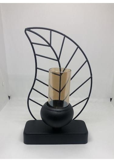 Yaprak Tealight Siyah/gold Metal Mumluk 28 Cm Mat Siyah