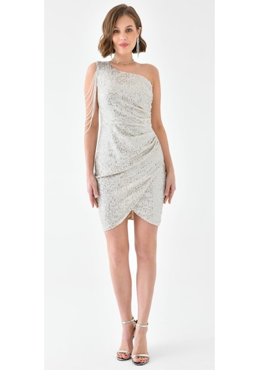 Hanife Glam Couture Hanife Glam Tek Omuz Taş Tasarımlı Mini Pulpayet Elbise Gümüş