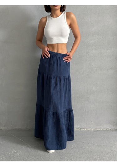 Kadın Pamuklu Maxi Boy Müslin Etek Lacivert Kadın Pamuklu Maxi Boy Müslin Etek Lacivert