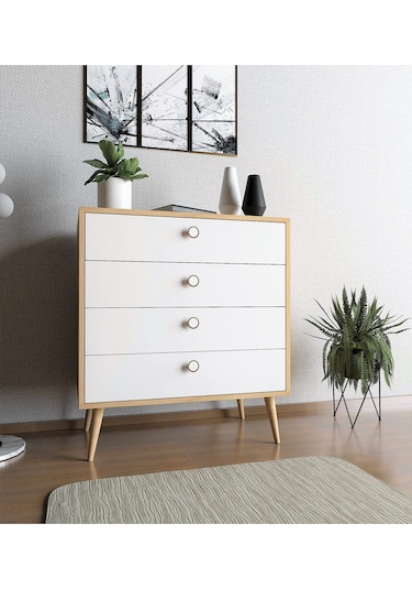 Floradesign Zen Şifonyer / Çok Amaçlı Dolap/ Çekmeceli Şifonyer / Kapaklı Şifonyer / 4 Çekmeceli Şifonyer 80cm Meşe/beyaz