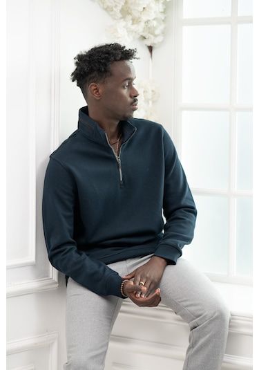 San&Fa Regular Fit Biyeli Fermuarlı Dik Yaka Armürlü Pamuklu Sweatshirt Lacivert