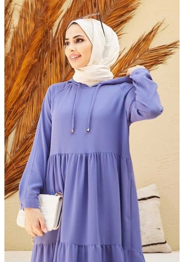 Neways 6531-Krep Kapüşonlu Reglan Kollu Elbise Eflatun