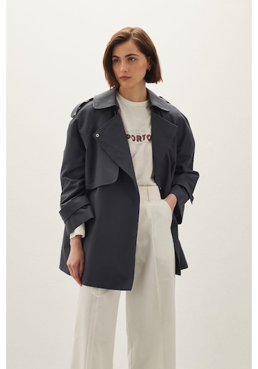 Manuka Oversize Kısa Trençkot Lacivert