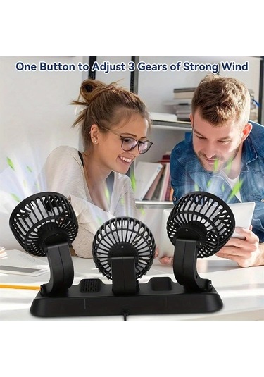 Dashanshop Siyah Güçlü 3 Başlıklı Araba Fanı 360 Dönebilir Usb 15w Çift Hız Ayarlanabilir 5 Büyük Bıçaklı Araba Ve Ev Laptop Aksesuarı