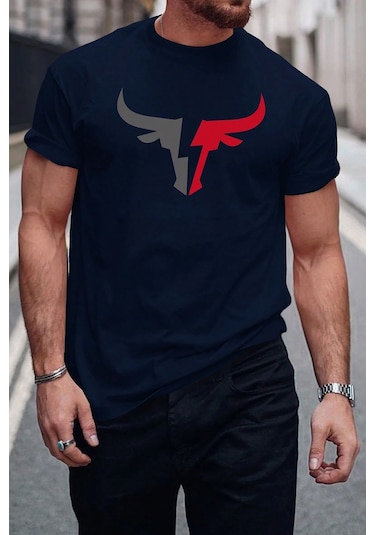 Erkek Boğa Silüet Baskılı Oversize Tshirt Lacivert