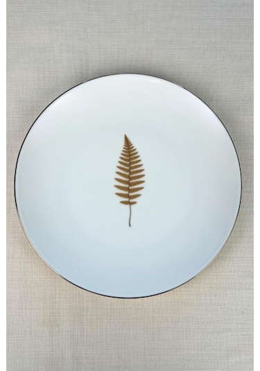 Tabak Evi Porselen Natura Fern Altın Yaldız Servis Tabağı 24,50cm Tekli Çok Renkli