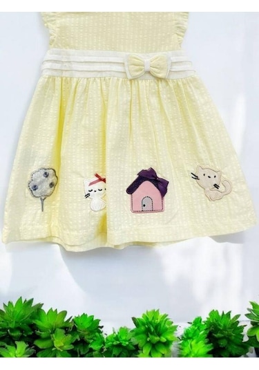 Zekids Kız Bebek Fiyonklu Patch Nakışlı Elbise-14527 Sarı