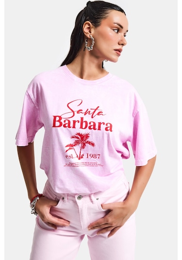 Itsbasic Kadın Pembe S6-98 Oversize Santa Barbara Baskılı %100 Koton T-shirt