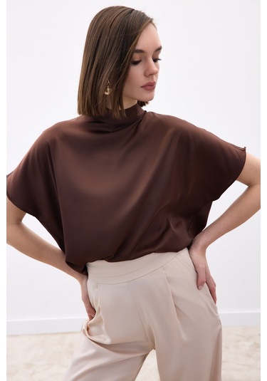 Sateen Yarasa Kol Salaş Bluz - Kahve-136538 kahve