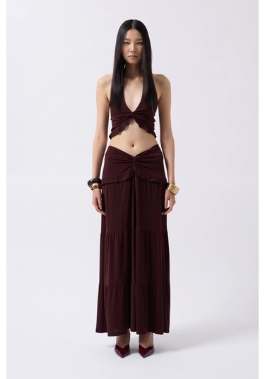 Düğüm Detay Fırfırlı Crop Kahverengi