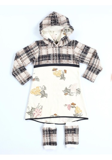 Ekose Baskılı Hoodie Kız Elbise + Tozluk Takım-gri Gri