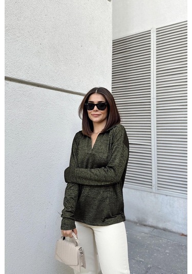 Kadın Haki Polo Yaka Basic Bluz, Uzun Kol, Regular Kesim, Günlük Ve Spor Kaliteli Kumaş Sweatshirt Yeşil