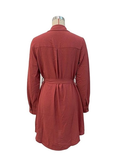 Novahub Erken Sonbahar Kadın Elbise, Uzun Kollu Tek Göğüslü Bağcıklı Düz Renk, Kahve Renkli, Viskoz Kumaş, Uzun Kollu, Diz Boyu, Gündelik Stil, Aile Tatil İstihdam Kahve