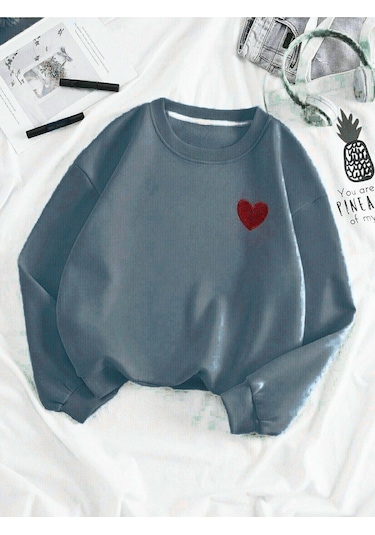 Kırmızı Minimal Kalp Baskılı Sweatshirt - Füme Kalın Kışlık Bisiklet Yaka Füme