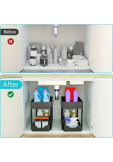 Honeybeeshop Beyaz 2 Katlı Kayar Lavabo Altı Organizatörü Dayanıklı Plastik Mutfak Dolabı Sepeti Temizlik Malzemeleri Ve Bulaşık Yıkama Araçları İçin Beyaz