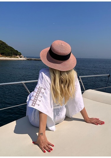 Mayovera Kimono - Nakışlı Beyaz %100 Keten Plaj Elbisesi Beyaz