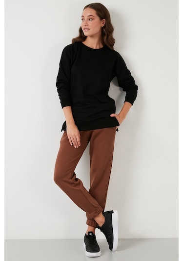 Lela Pamuklu Regular Fit Bisiklet Yaka Basic Bayan Sweat 5863569 Siyah