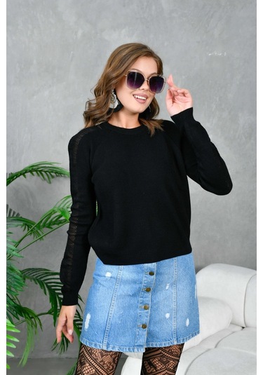 Kadın Bisiklet Yaka Kolları Ajurlu Basic Triko Kazak Siyah