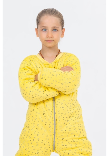 Kız Erkek Çocuk Kalın Elyaf Dolgulu Premium Kalite 2.5 Tog Desenli Uyku Tulumu Açık Sarı